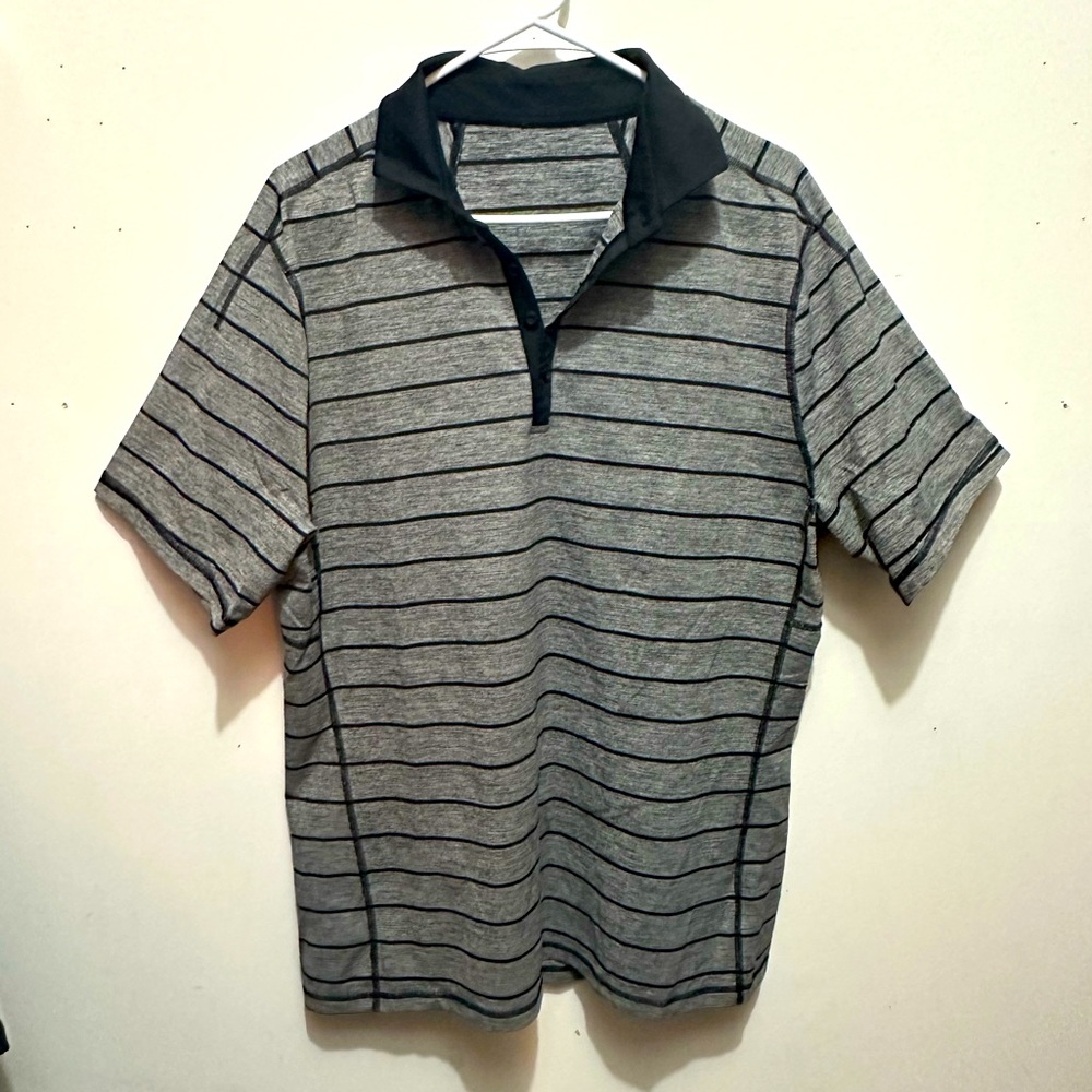 Mens Lululemon Athletica Vent Stretch Golf Shirt in Black and Grey Stripes